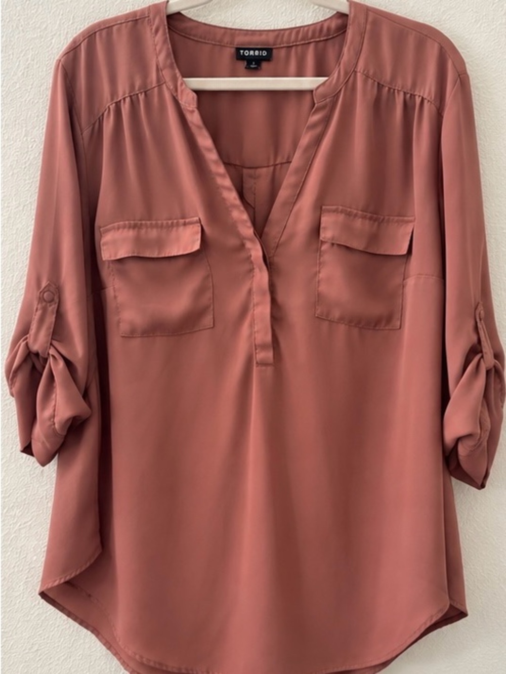 Torrid Size 1 Dusty Rose Mauve Blouse 3/4 Sleeve Pocket T